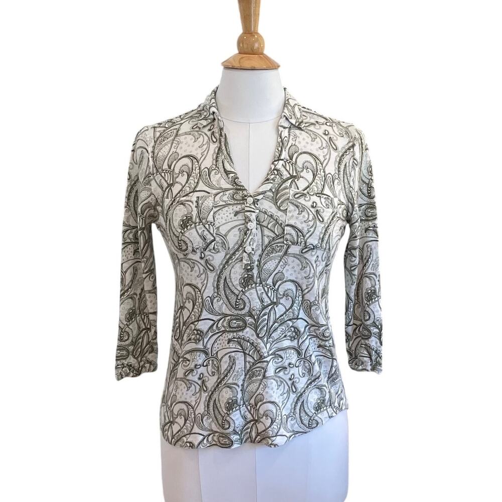 Chico's 100% Linen Popover Shirt, Collared, Olive Green Paisley Print, Size S